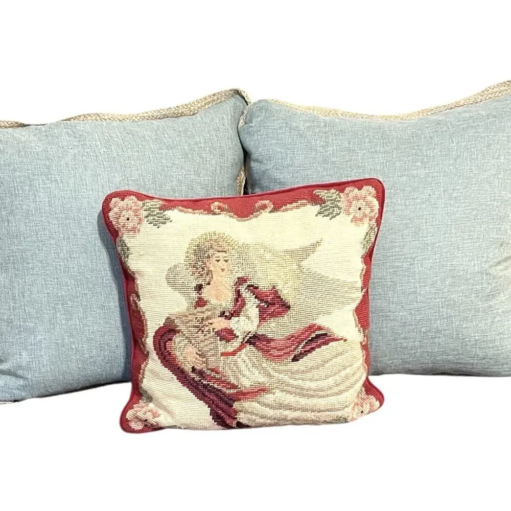VINTAGE Needlepoint Throw Pillow Heavenly Angel Harp 14” x 10” Wool Red Velvet